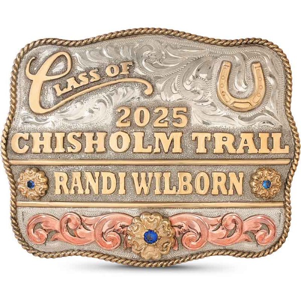 A custom class belt buckle for Frisco High School with personalized name featuring a golden bronze team roping figure 